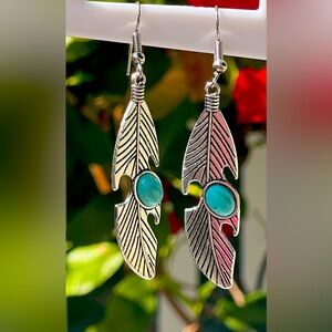 🛍️ 3/$15 Silver Plated Feather Dangle Earrings faux Turquoise New